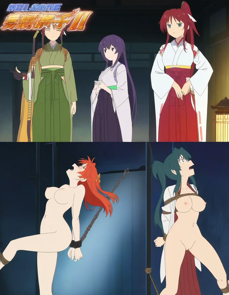 highly detailed, sharp, 3girls, japanese clothes, bondage, explicit anime render, (anime style:1.3), 2d, anime screencap, cel shading, flat color