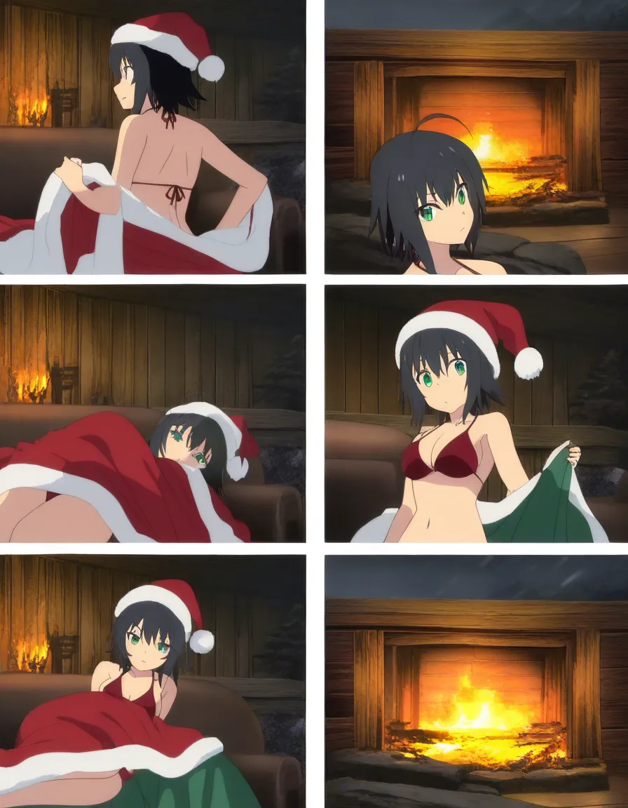 red bikini, black hair, emerald eyes, santa_hat, on_couch, lightly covered in blanket, log cabin, fireplace, blizzard outside, (anime style:1.3), 2d, anime screencap, cel shading, flat color
