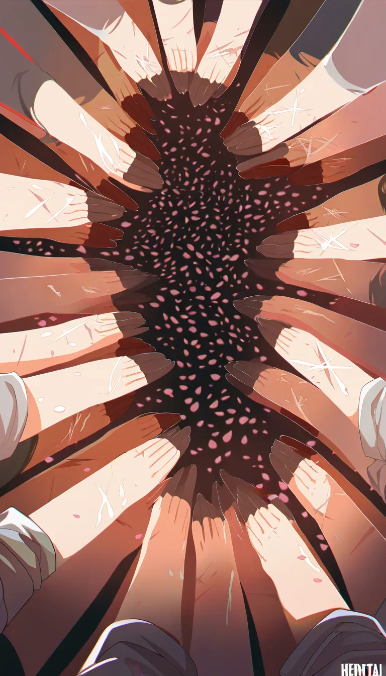 professional photo, high detail, 6+girls, scar, short sleeves, cuddling, cum on face, petals, from below, golden hour, hyperrealistic