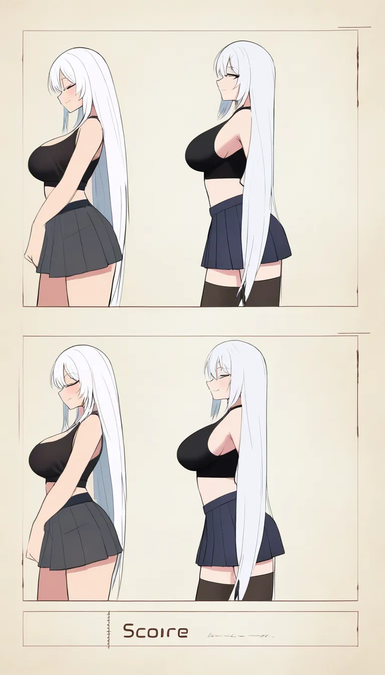 masterpiece, profile , white hair, standing, pretty body, full_body, long_hair, doujin style, gothic girl, tank top , crop top, pleated skirt, skirt black, thighhighs , large_breasts , long hair, smile,  sleeveless top, cute half-closed_eyes, seductive_smile, long gloves,solo girl, looking_at_viewer, hentai_studio_quality, book in hands, from_below, hentai_studio_quality