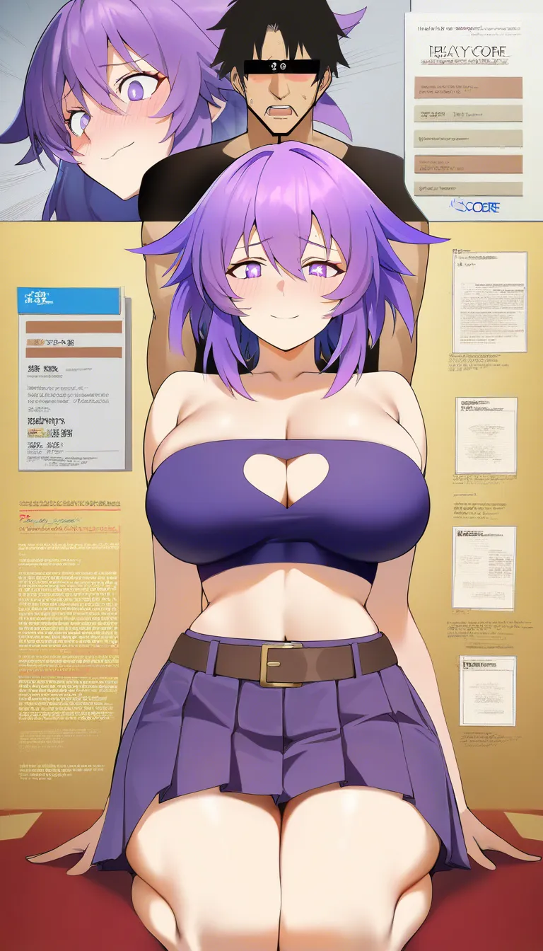 masterpiece, Purple-haired anime girl, short spiky bob, purple eyes, large_breasts , purple heart-cutout tube top, purple pleated mini skirt with belt, curvy body, anime style, sitting_on_person, sitting , kneeling , beauty illumination, sex , open legs, smile, embarrassed, fucking, bed, solo girl, fuck, arms_behind_head, cowgirl_position,  ass_focus, ass , back looking_back, hentai_studio_quality, hentai_studio_quality