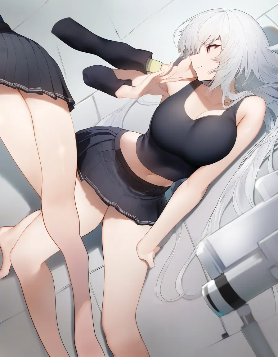 masterpiece, profile ,Anime girl with long straight silver-white hair, soft smile looking at the camera, lying on her , legs bent and raised in the air, one arm stretched forward on the ground, the other hand gently touching her cheek, wearing a tight black crop top with thin straps, black pleated mini skirt, long black gloves, profile, black thigh-high stockings, large breasts, slim waist, detailed anime style, soft shading, beautiful lighting, hentai_studio_quality, hentai_studio_quality, hentai_studio_quality