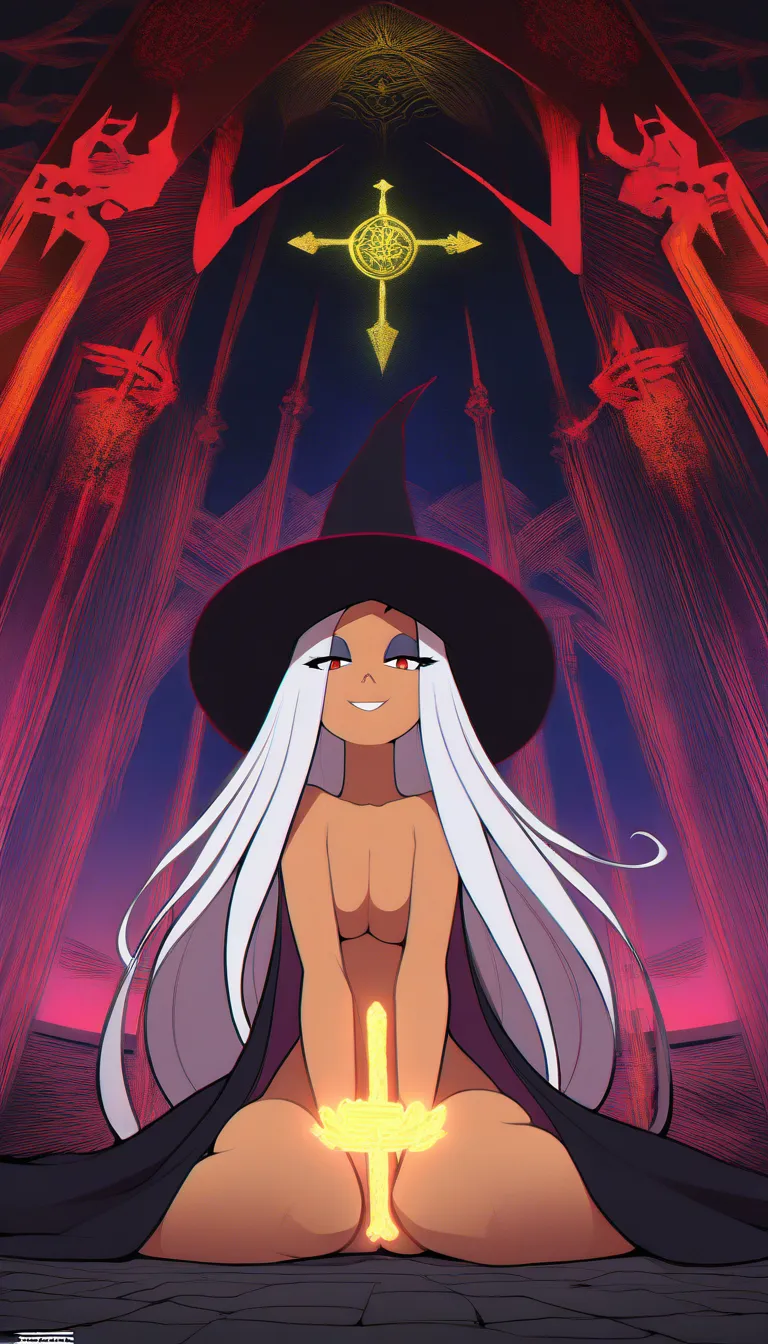 masterpiece, front view , white hair, pretty body, full_body, long_hair, doujin style, gothic girl, nude, andrea davenport, kneeling, sitting, sitting in ground, ritual, witch girl, from_below, hentai_studio_quality, , bedroom background, witch hat, hentai_studio_quality, hentai_studio_quality