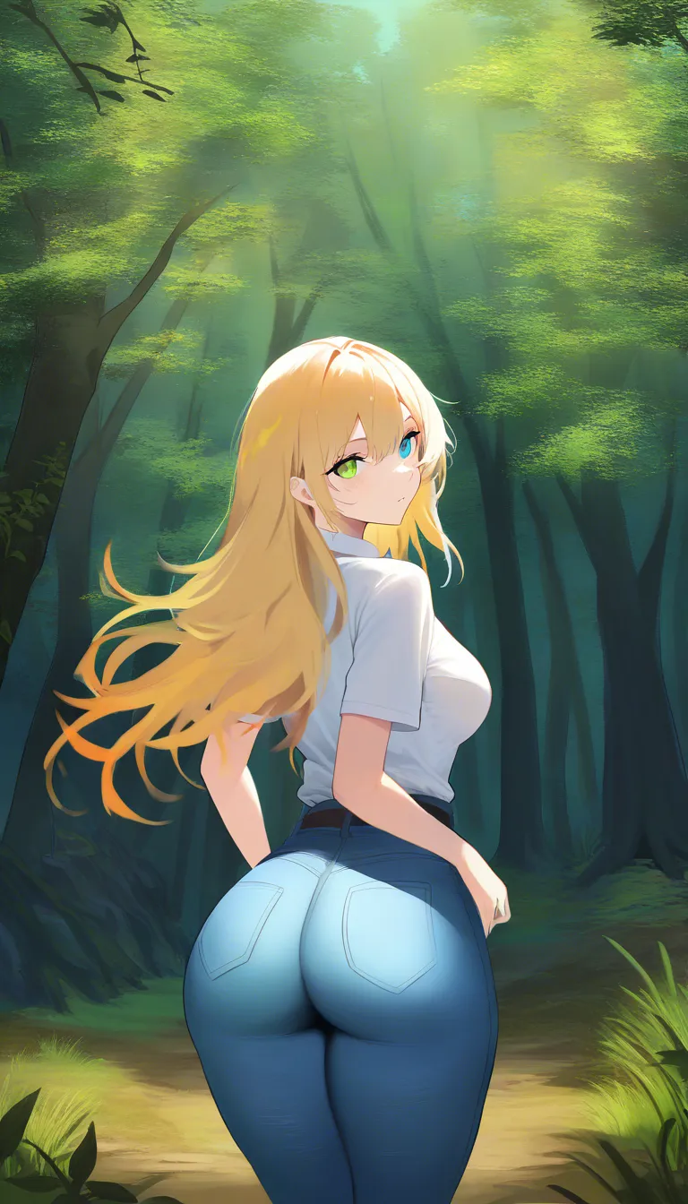 3 no bad drawing. single frame,  professional , heterochromia, art, shirt visible, Masterpiece, natural perky medium  ass,  natural perky medium breasts, , look at viewer,1 girl, forest background,  With Long blonde hair, blue and green eyes, from behind, standING, legs together, blue pants down, panties,down,  blue unbuttoned shirt, Pussy visible, soft smile ... single continuous shot, full widescreen view, one single image, uninterrupted scene, no borders, no panels, wide angle cinematic photograph, single perspective, edge-to-edge fram, hentai_studio_quality, hentai_studio_quality