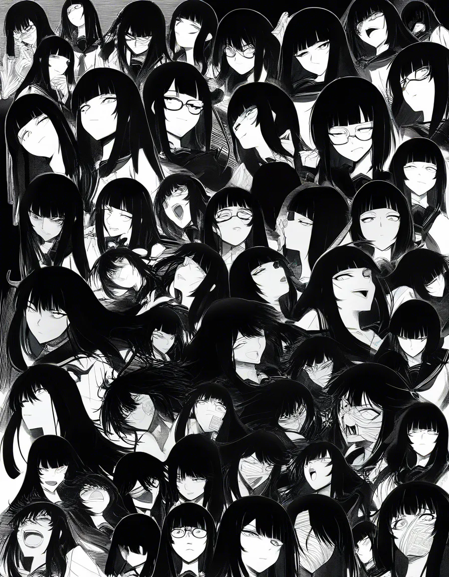 black and white monochrome anime illustration, exact same art style and linework as the reference, two girls with long messy black hair, left girl with glasses and half-lidded eyes, right girl with bangs and small bandage on cheek, their faces completely unchanged, same expressions slightly more relaxed and pleasured, no exaggerated ahegao or overacting, just soft sighs and mild enjoyment, both completely naked except black jackets slipped down to their elbows hanging off their shoulders, the jackets are the same as in the reference, someone is fucking them from behind, thick cock buried deep inside each of them, their own fingers rubbing their clits in slow circles, large hands groping and squeezing their small breasts from the side, soft shading, flat white background, continuation of the same photo, detailed bodies, realistic anatomy for the penetration and fingers, no clothes except the lowered jackets, hentai_studio_quality