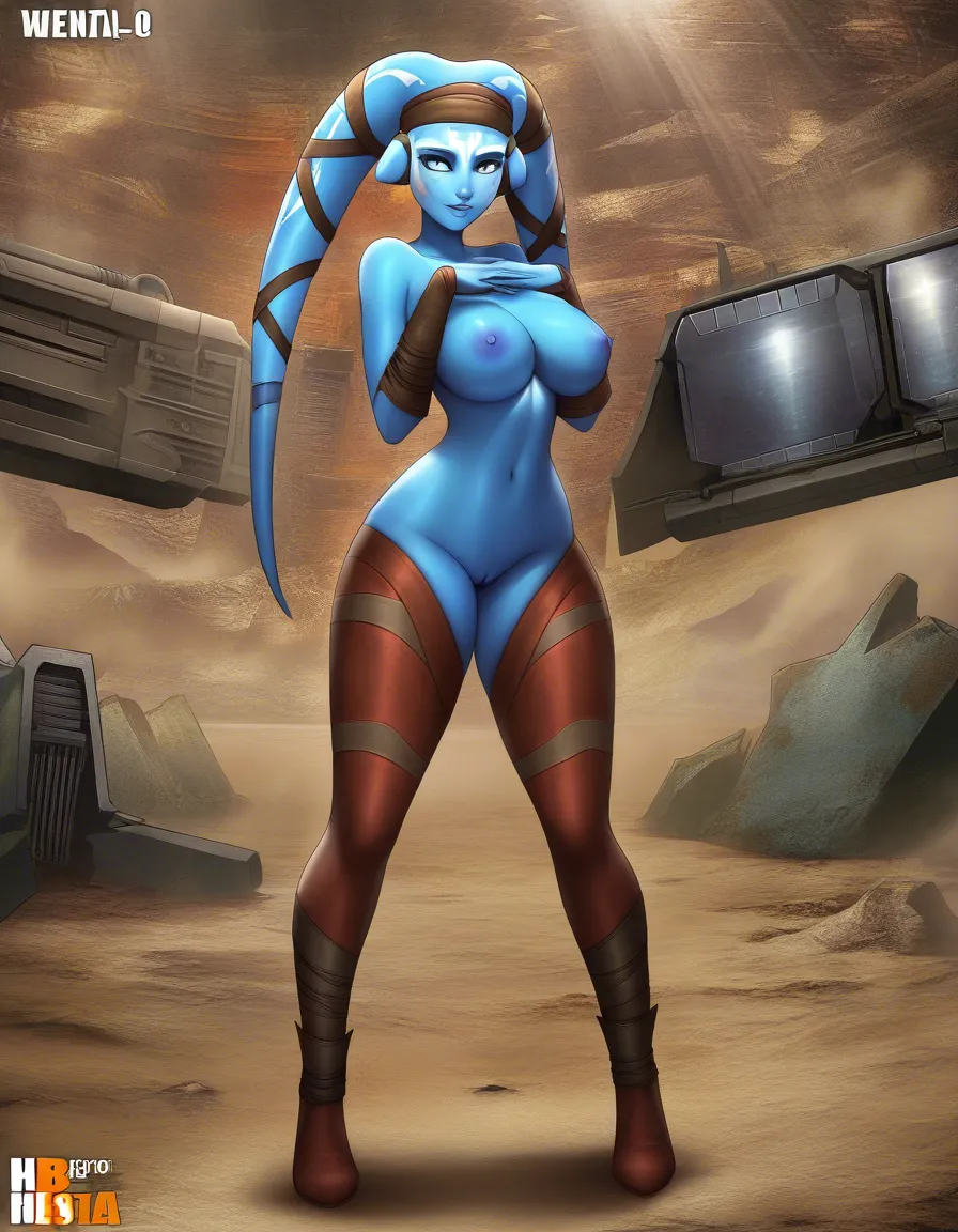 Star wars, twi lek aayla secura, blue body, full body, large_breasts thick_thighs, solo naked, hentai_studio_quality aged_up, hentai_studio_quality