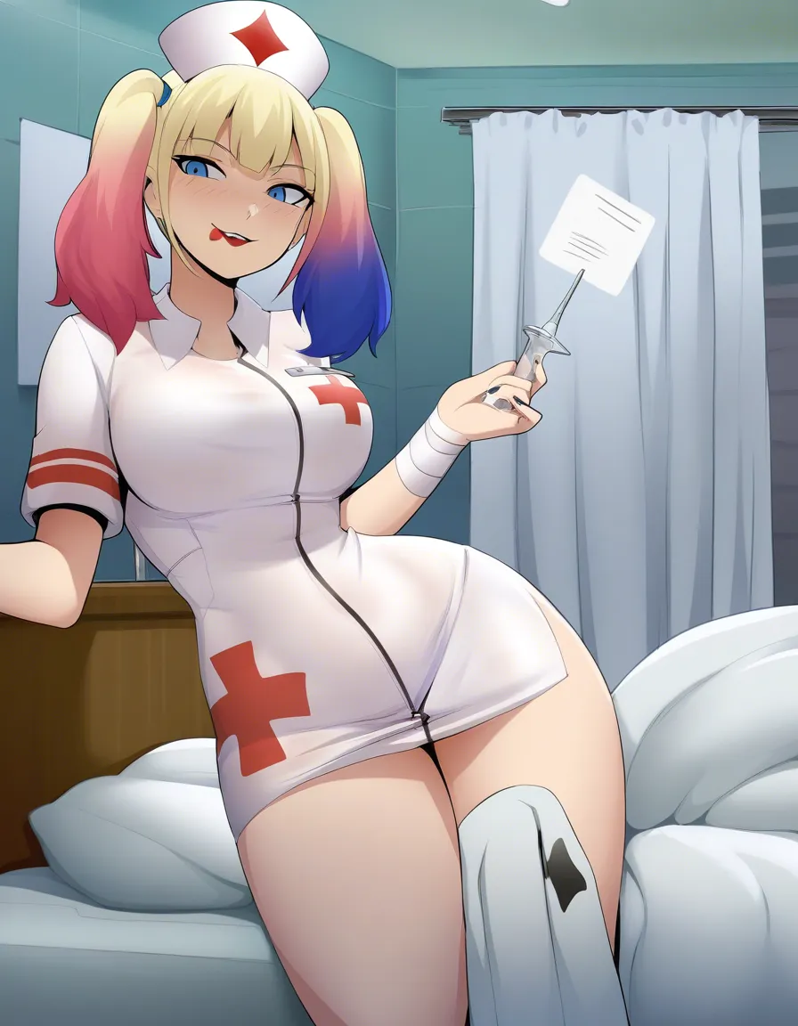 ultra detailed, Harley Quinn dressed as nurse, hospital, detailed shading, hentai_studio_quality
