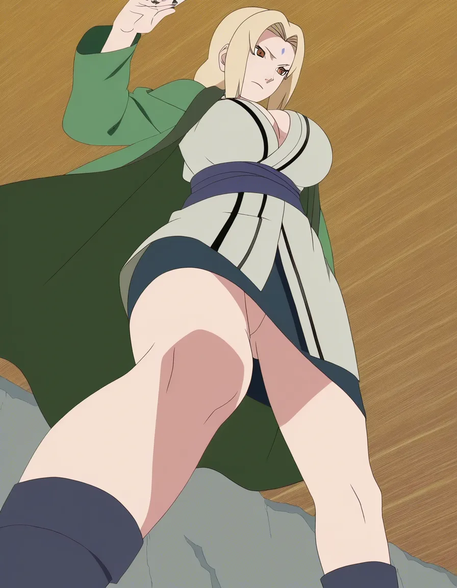 @tsunade_(naruto) from_below, (anime style:1.3), 2d, anime screencap, cel shading, flat color , no panties, hentai_studio_quality