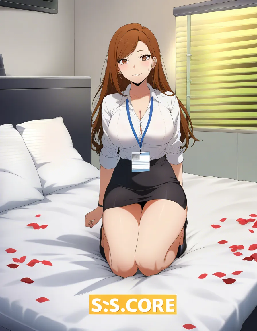 highly detailed, sharp, office lady, kneeling on bed, thighs, swept bangs, petals, manga panel look, hentai_studio_quality