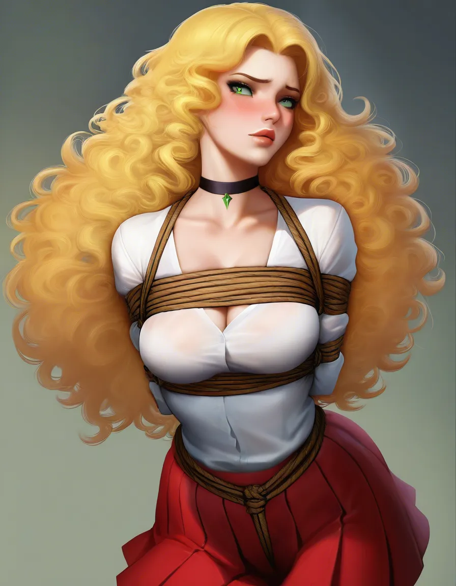 studio quality, sharp focus, 1 girl, lips, choker, shibari, red_skirt, arms_behind_back, green_eyes, curly_hair, blonde_hair, shirt, blush, hentai_studio_quality