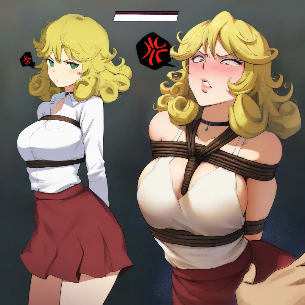 studio quality, sharp focus, 1 girl, lips, choker, shibari, red_skirt, arms_behind_back, green_eyes, curly_hair, blonde_hair, white_shirt, blush, anger_vein, (anime style:1.3), medium_hair, full_body, hentai_studio_quality