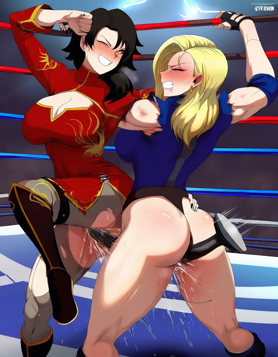 Cinder_(rwby) , android_18_(dragon_ball_z), 2girls yuri sex , wrestling_ring, wrestling orgasm pussy_juice, defeated, squirting , strap-on vaginal_object_insertion, domination,, sex_from_behind,, hentai_studio_quality