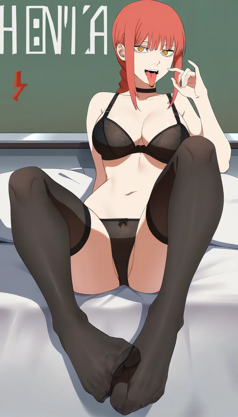 @makima_(chainsaw_man) #bra #feet #sitting #choker #black_thighhighs #panties #tongue the toes stretch up, #foot #knees_together_feet_apart, hentai_studio_quality