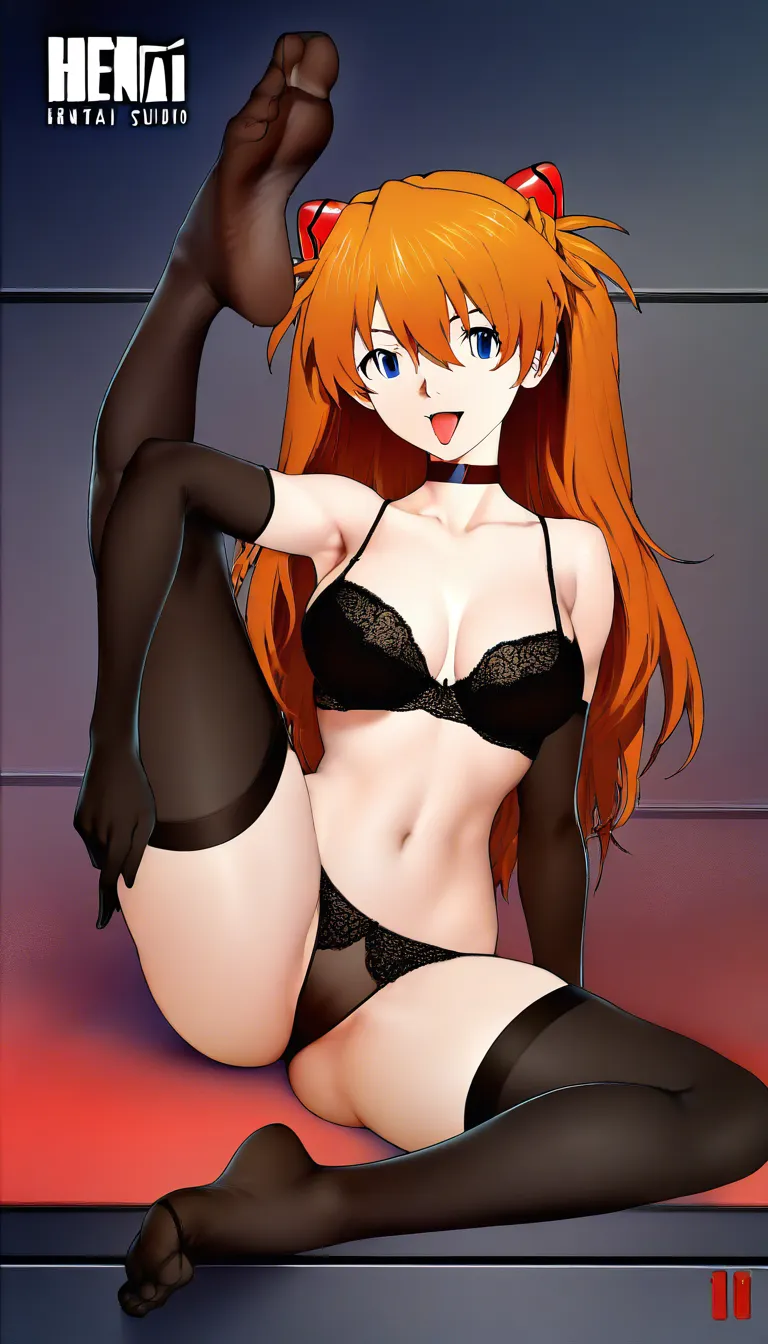 @souryuu_asuka_langley  #black_gloves #bra #feet #sitting #choker #black_thighhighs #panties #tongue the feet toes stretch up, #foot #feet #knees_together_feet_apart /high-res /ultra_detailed, hentai_studio_quality