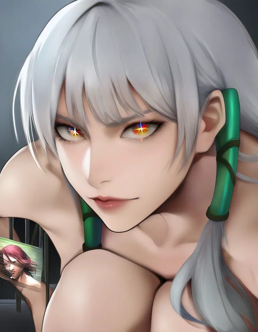 Ai anime style woman, straight dark silver hair that flows down shoulders neck and back, hair it tucked behind ears, on knees, dark silver eyebrows, perky but firm tits, score_9, score_8, candid photo, realistic skin texture, green anime eyes with sparkling_eyes, sharp chin, score_9, score_8, 3d render, octane render, subsurface scattering, ray tracing, smooth shading, (anime style:1.3), 2d, anime screencap, cel shading, flat color