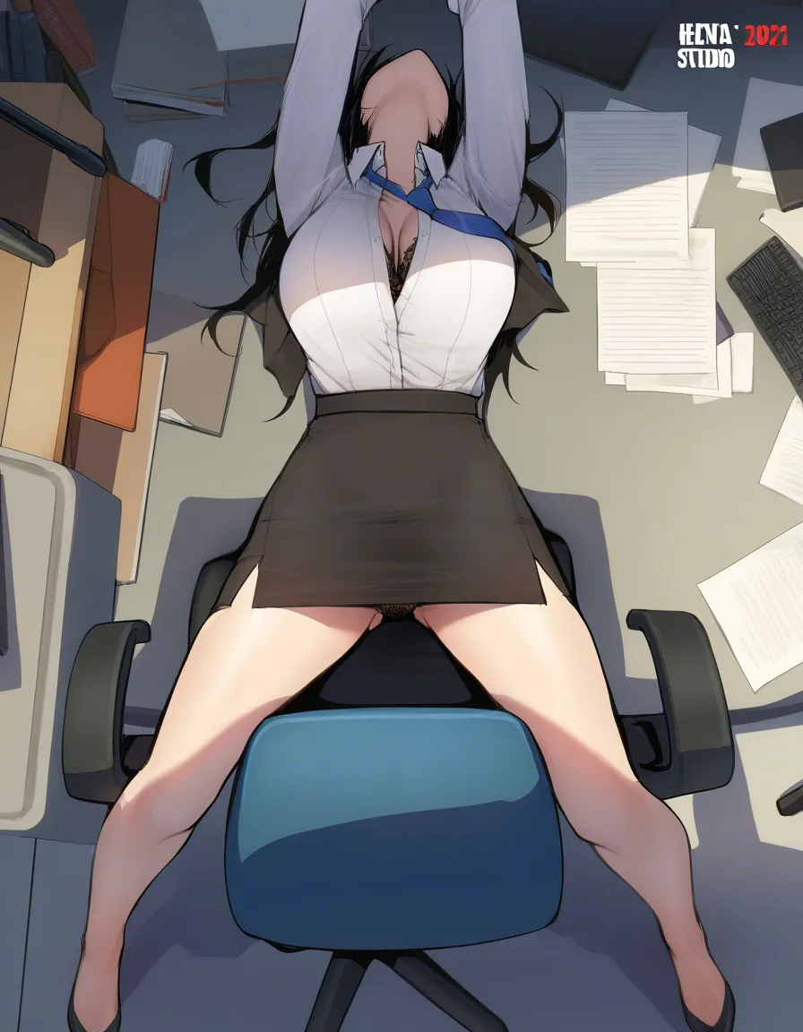 masterpiece, best quality, solo, office wear, missionary, from above, detailed shading, hentai_studio_quality