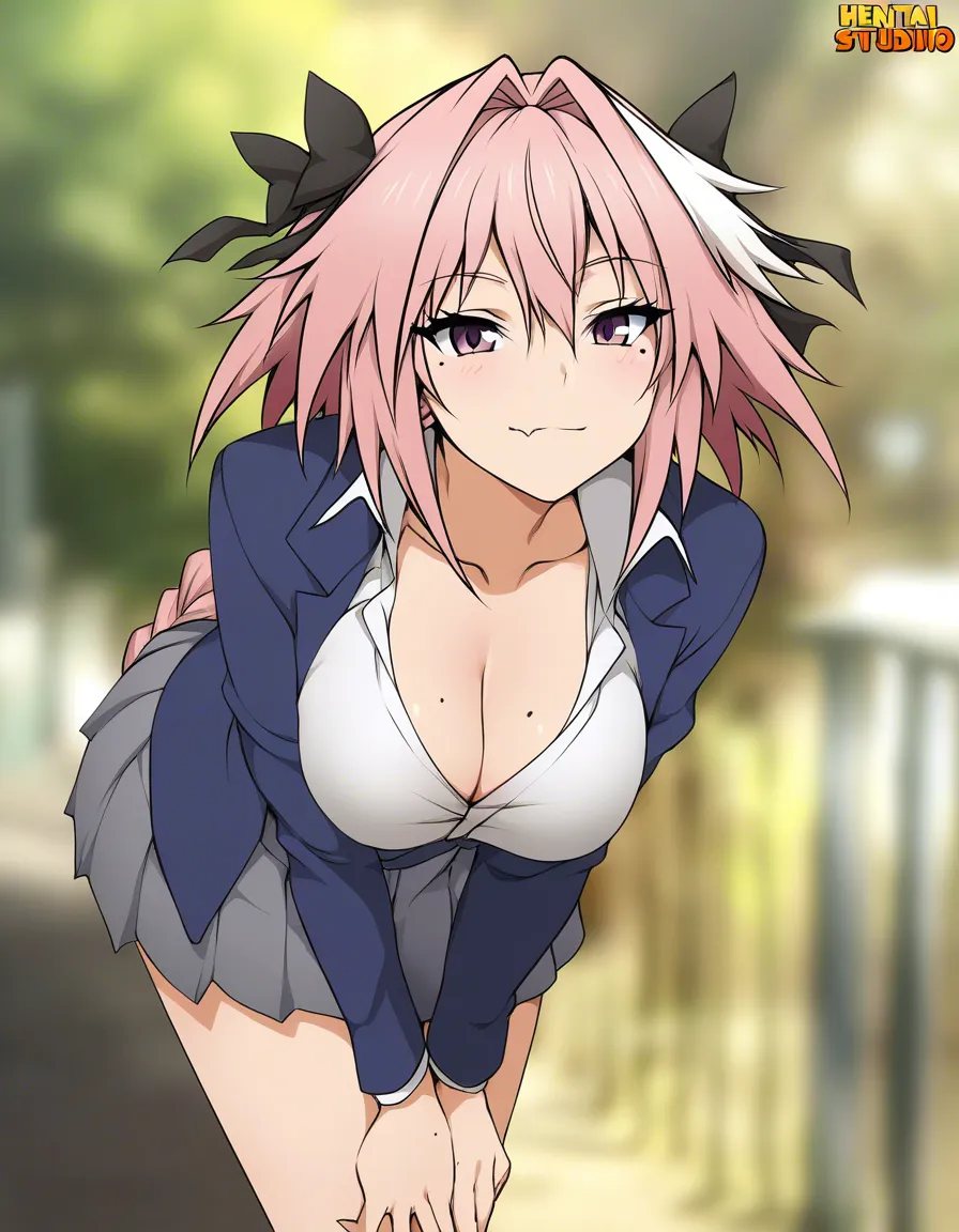 ultra detailed, astolfo, large_breasts ,solo female, mole, pleated skirt, bent over, blurry background, detailed shading, hentai_studio_quality