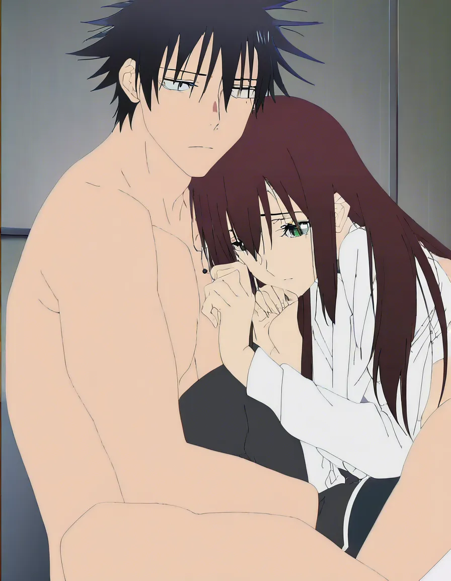 topless_male Megumi Fushiguro sitting while a woman with medium long brown straight hair parted in the middle, no frindge, sits on his lap, wrapping her arms and legs around him., (anime style:1.3), 2d, anime screencap, cel shading, flat color, hentai_studio_quality