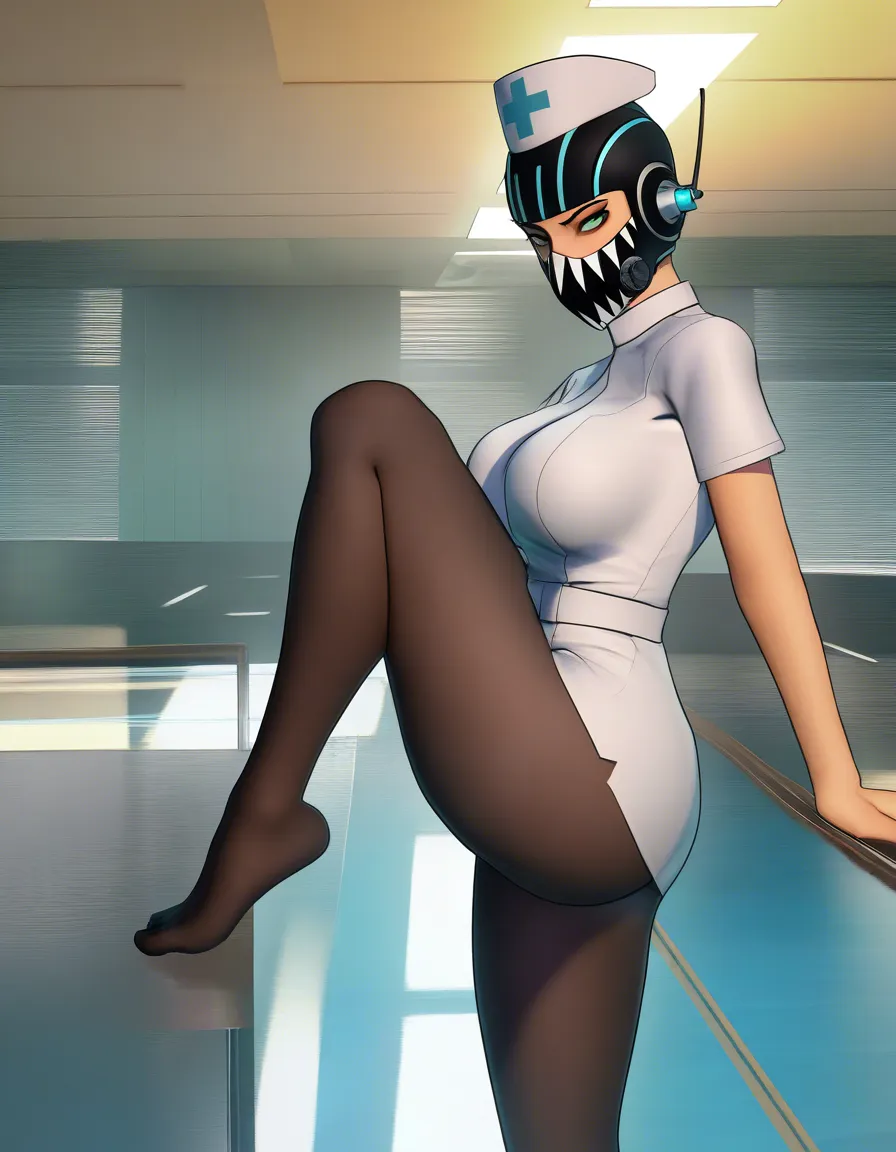 best quality, polished, nurse, pantyhose, leg up, lustful eyes, side view, doujin style, score_9, score_8, 3d render, octane render, subsurface scattering, ray tracing, smooth shading