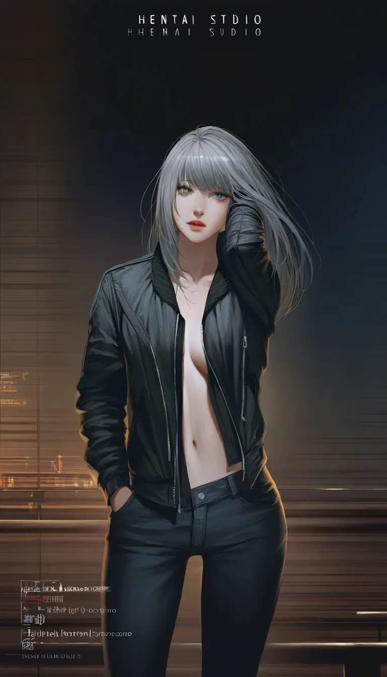 best quality, hyperrealistic, 1girl, grey hair, jacket, stripping, cinematic realism