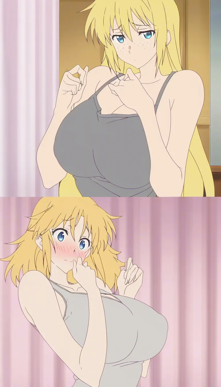 cute anime adult woman, 21 years old, fair skin with freckles, long honey-blonde hair with curtain bangs, light blue eyes, shy blush, very huge soft breasts, wearing a tight grey tank top and short grey drawstring shorts, cozy bedroom with a bed, kneeling on the bed facing the camera, she slowly stretches her arms above her head, tank top rides up, breasts bounce softly, shy smile, smooth motion, adult