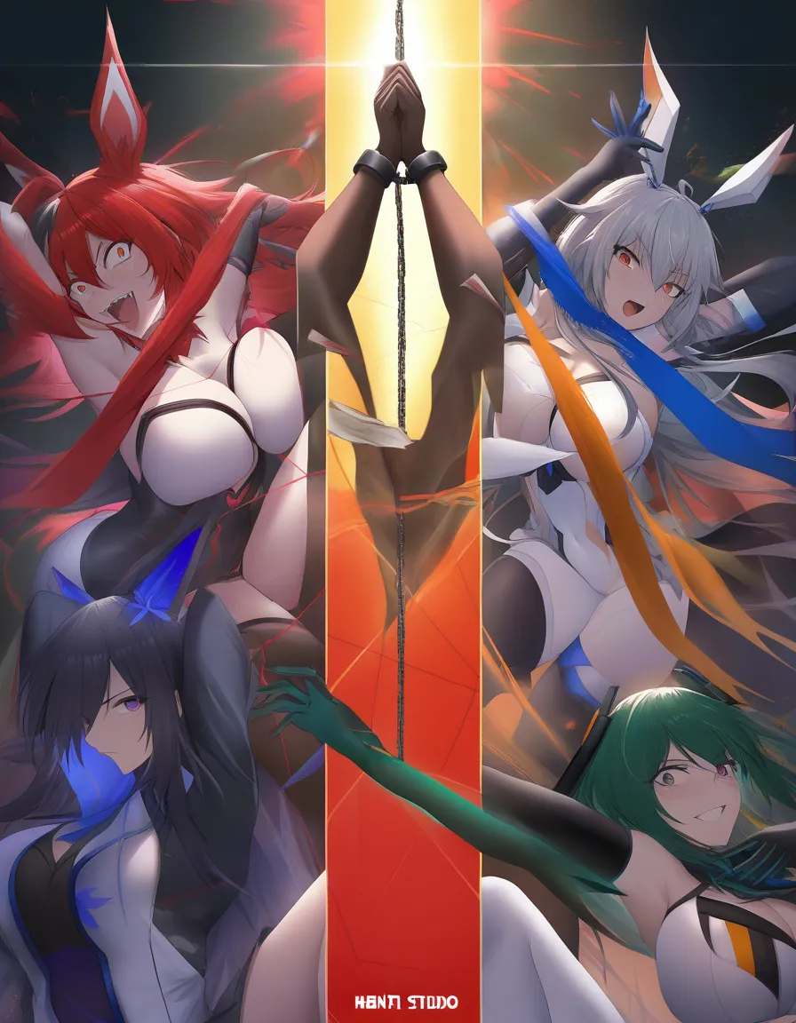 highly detailed, sharp, multiple girls, elbow gloves, bondage, three-quarter view, vivid anime colors, hentai_studio_quality