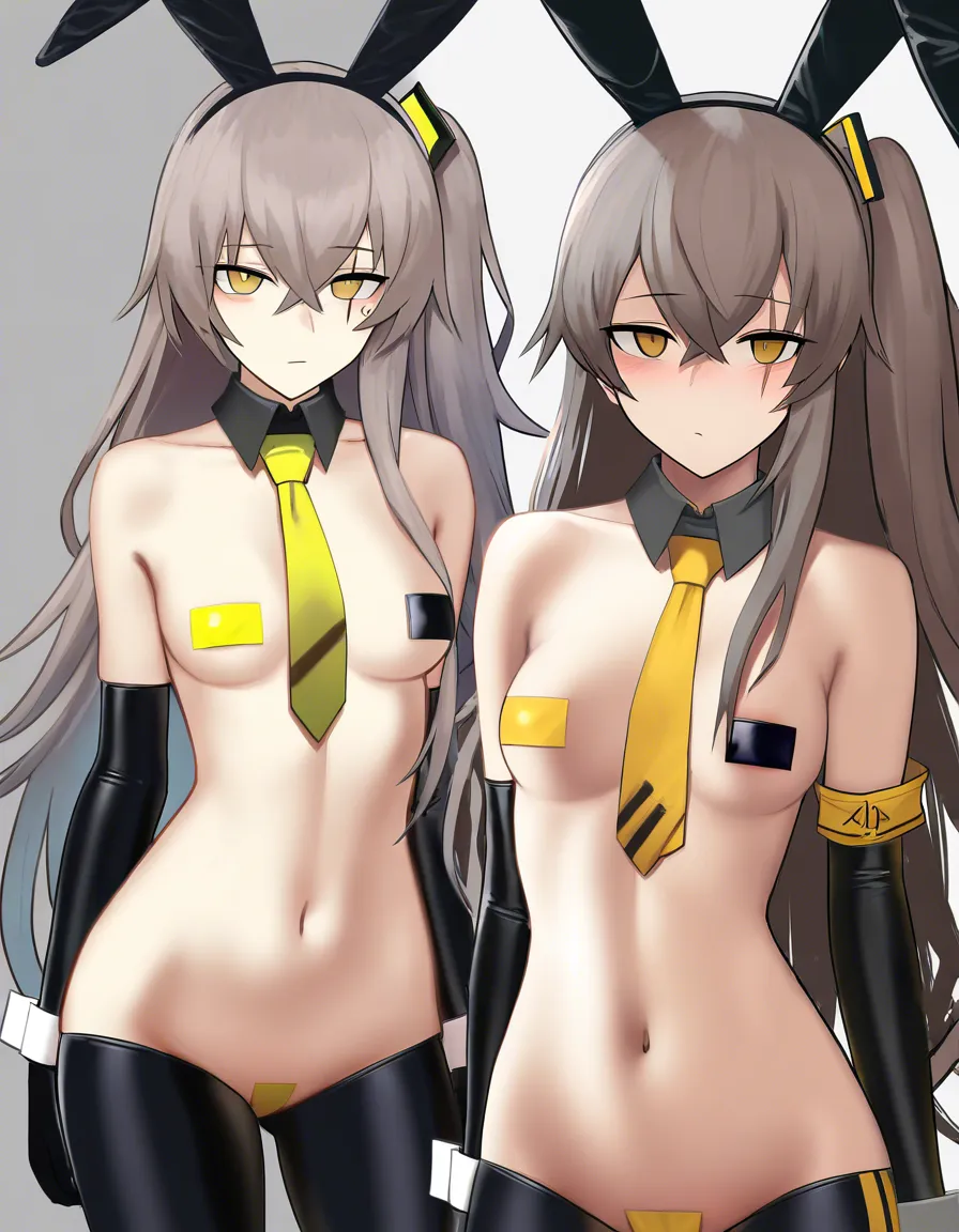 nsfw, ump45 from girls frontline, long light grey hair messy, yellow eyes, straight scar over left eye, beautiful cool face,  slim body, A cup small breasts, fair smooth skin, wearing extremely revealing black reverse bunny girl outfit, black bunny ears, yellow necktie with one black horizontal stripe at the tip, nipples and pussy completely exposed, deep squatting cowgirl, feet on bed bouncing aggressively, thick cock impaling her pussy, juices squirting, extreme lewd expression, heavy blush, clearly enjoying the intense motion, sex with man, 1 man, penis inside pussy, cock inside pussy, simple bedroom background, masterpiece, best quality, ultra detailed, 8k, sharp focus, low front angle view, hentai_studio_quality