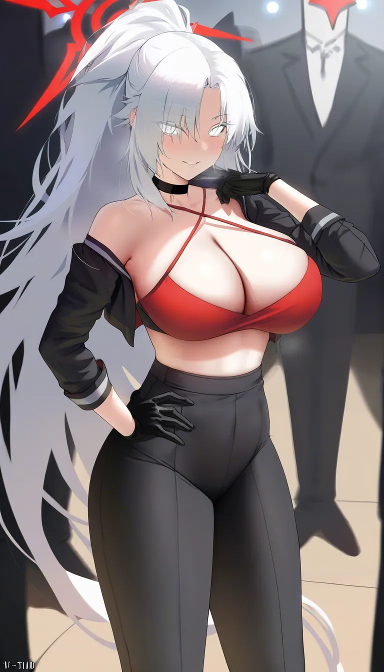 masterpiece, clean art, cheerleader , long hair, white hair, pants , from_side , big breasts , choker , black_gloves , black_choker , white eyes, ghot girl, full_body, light_smile, pretty body, loose hair, from front, suit , artistic, hentai_studio_quality, white blouse, black pants,, hentai_studio_quality