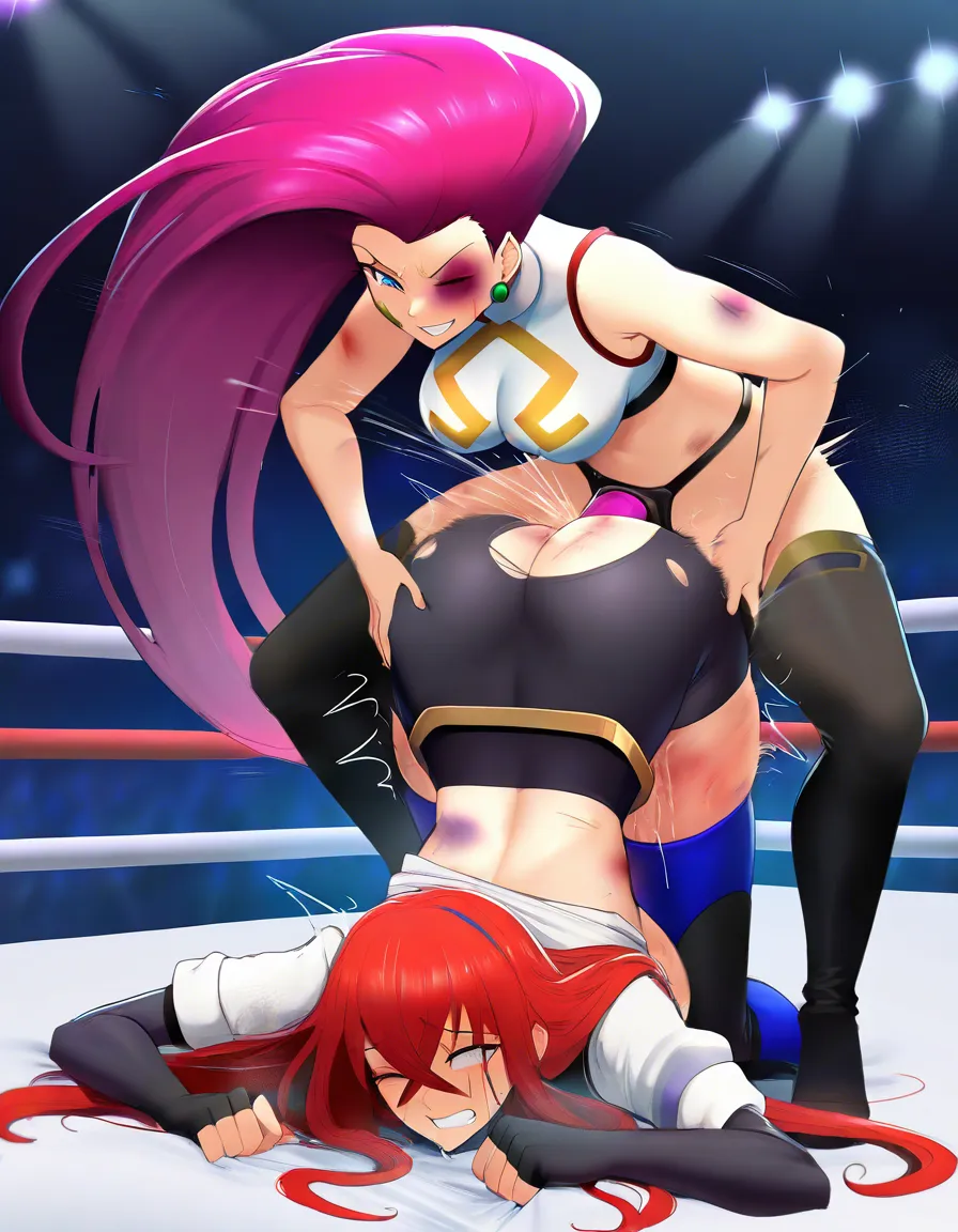 2girls , Best_quality, ultra_detailed, @jessie_(pokemon)-red_hair , @alear_(fire_emblem) , yuri sex ,wrestling_ring wrestling defeated, pussy_juice squirting orgasm , strap-on vaginal,, bruised wince, torn_clothes, top-down_bottom-up, sex_from_behind,, hentai_studio_quality, hentai_studio_quality