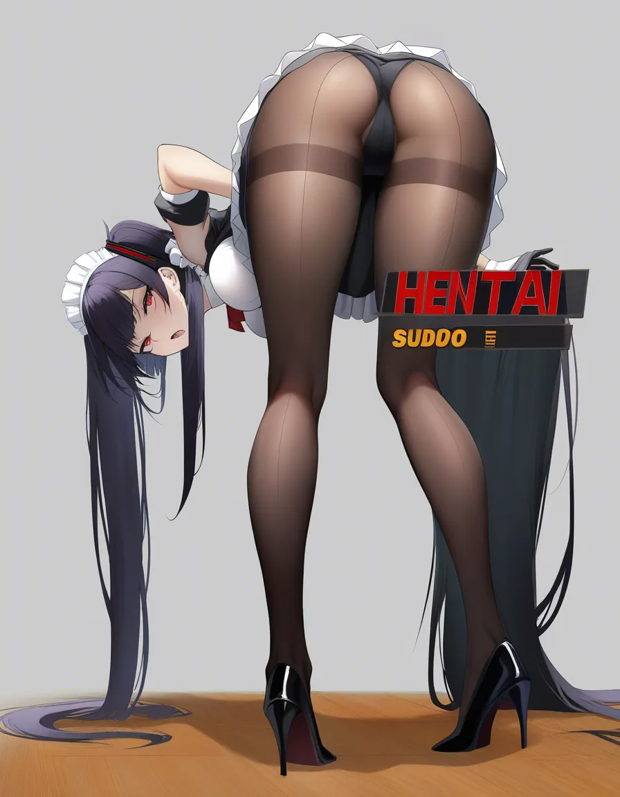 ultra detailed shading, maid, bent over, legs, very long hair, grey background, hentai style, hentai_studio_quality