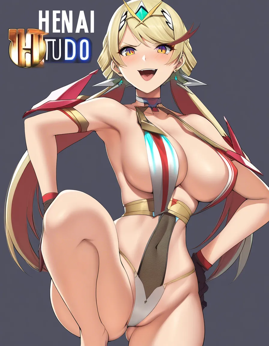 best quality, polished, medium-large breasts, choker, simple background, playful expression, revealing_clothes, sexy., hentai_studio_quality