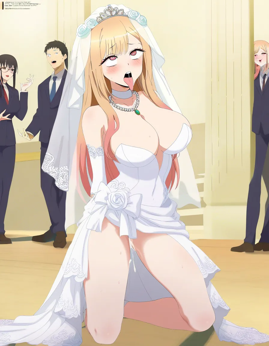 /ultra_detailed @kitagawa_marin, #wedding_dress, #lace, #@_@, #bridal_veil, #kneeling #ahegao, #public_indecency, hentai_studio_quality