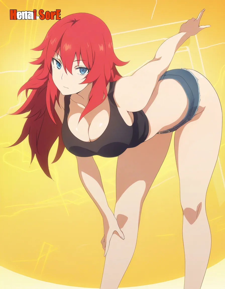 masterpiece, clean art, redhead woman, bent over, bare shoulders, anime style, hentai_studio_quality