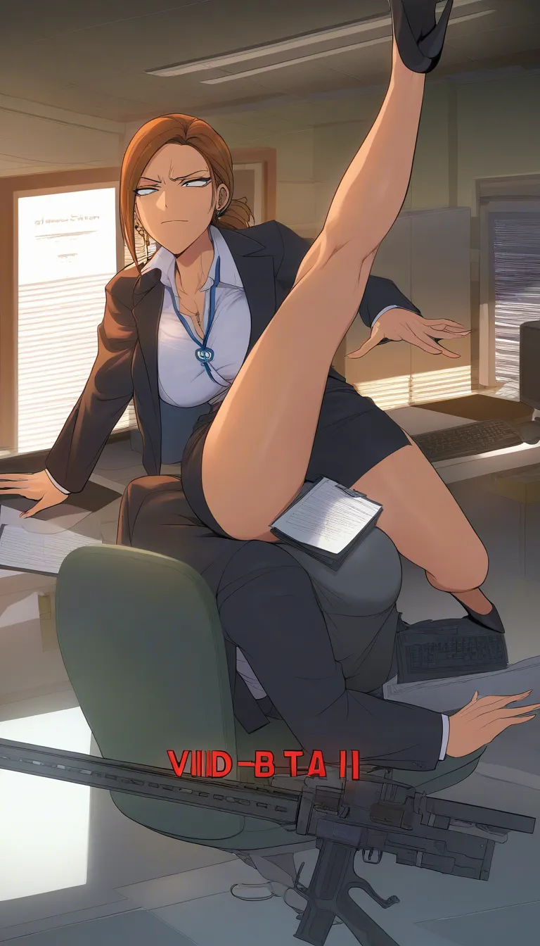 highres, vivid, office lady, weapon, leg up, relaxed mood, doujin style, hentai_studio_quality