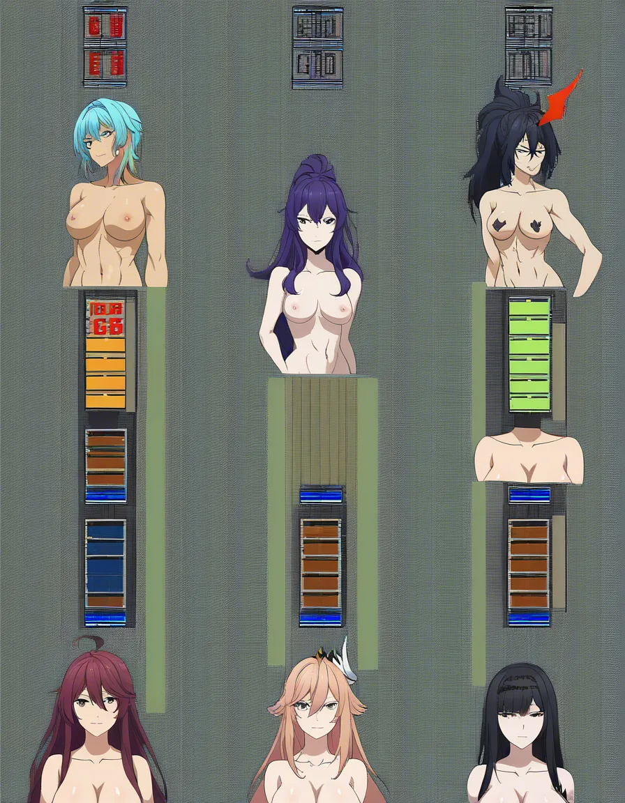 absurdres, highres, 4girls, topless, toned body, transparent background, eroge aesthetic, hentai_studio_quality