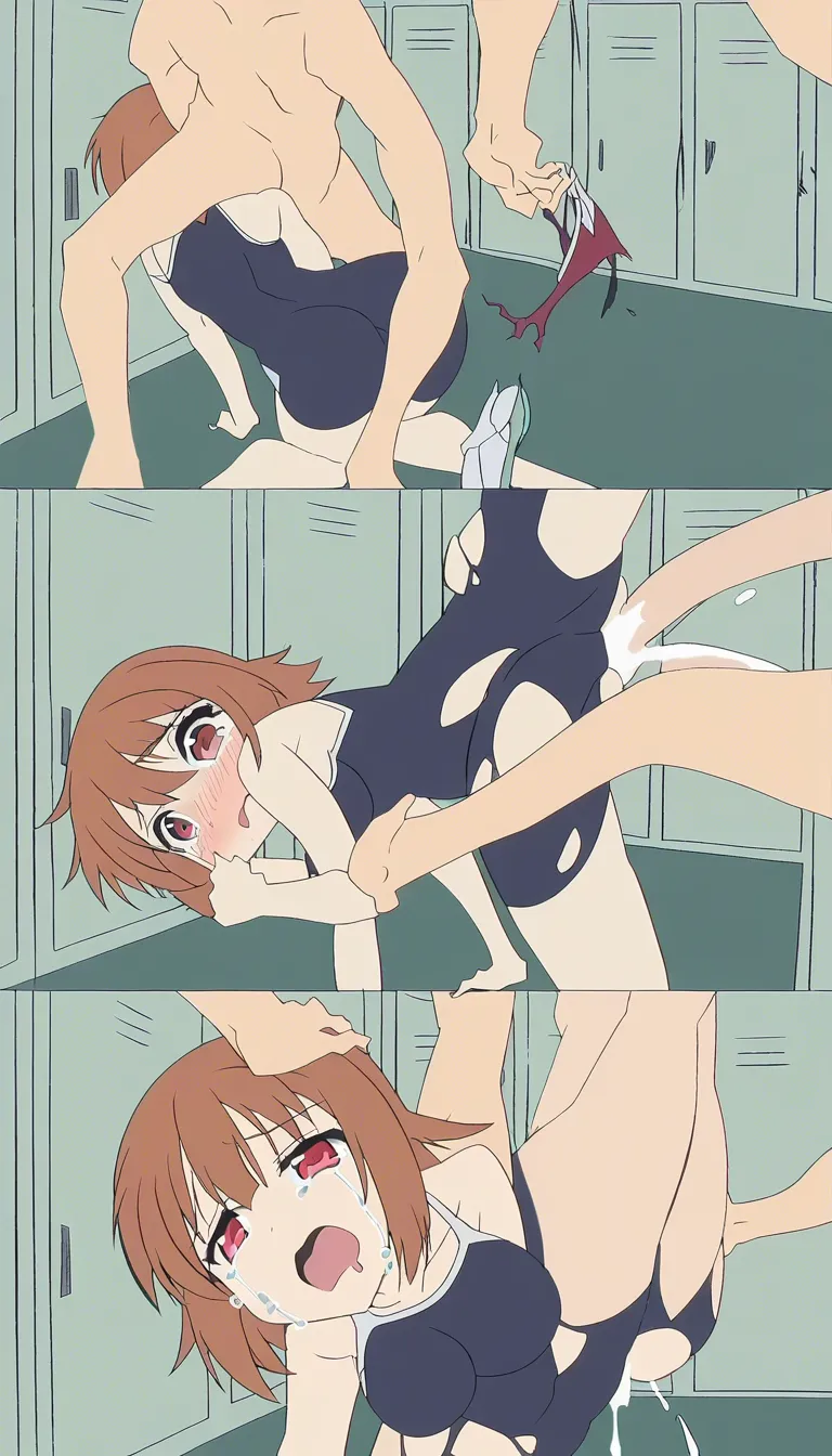 brown hair, medium breasts, crying, tears streaming down face, swimsuit, torn_clothes, fucked doggystyle in school locker room , covered in cum, cumdrip