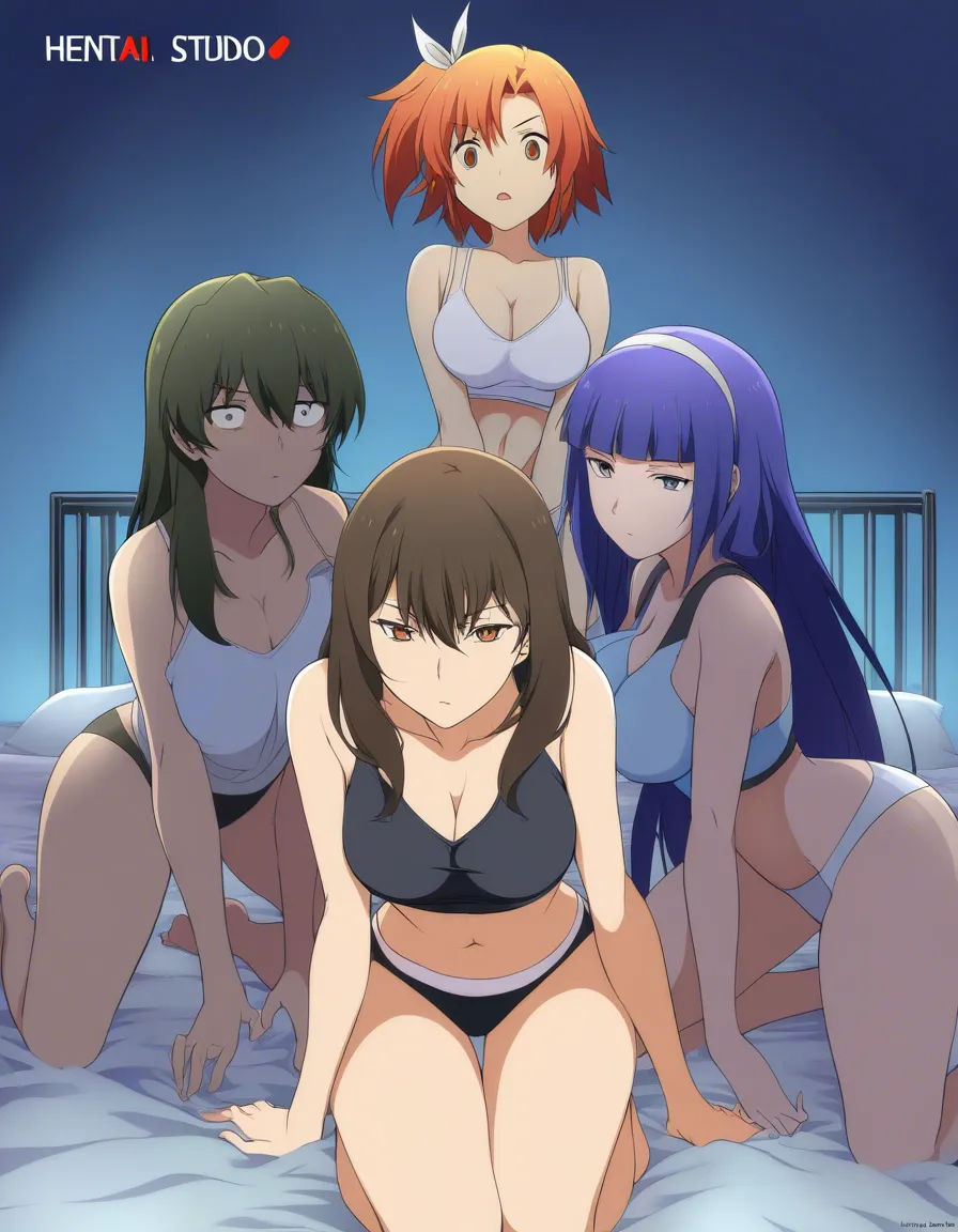 masterpiece, best quality, 4girls, midriff, panties, kneeling on bed, dominant stare, vivid anime colors, hentai_studio_quality