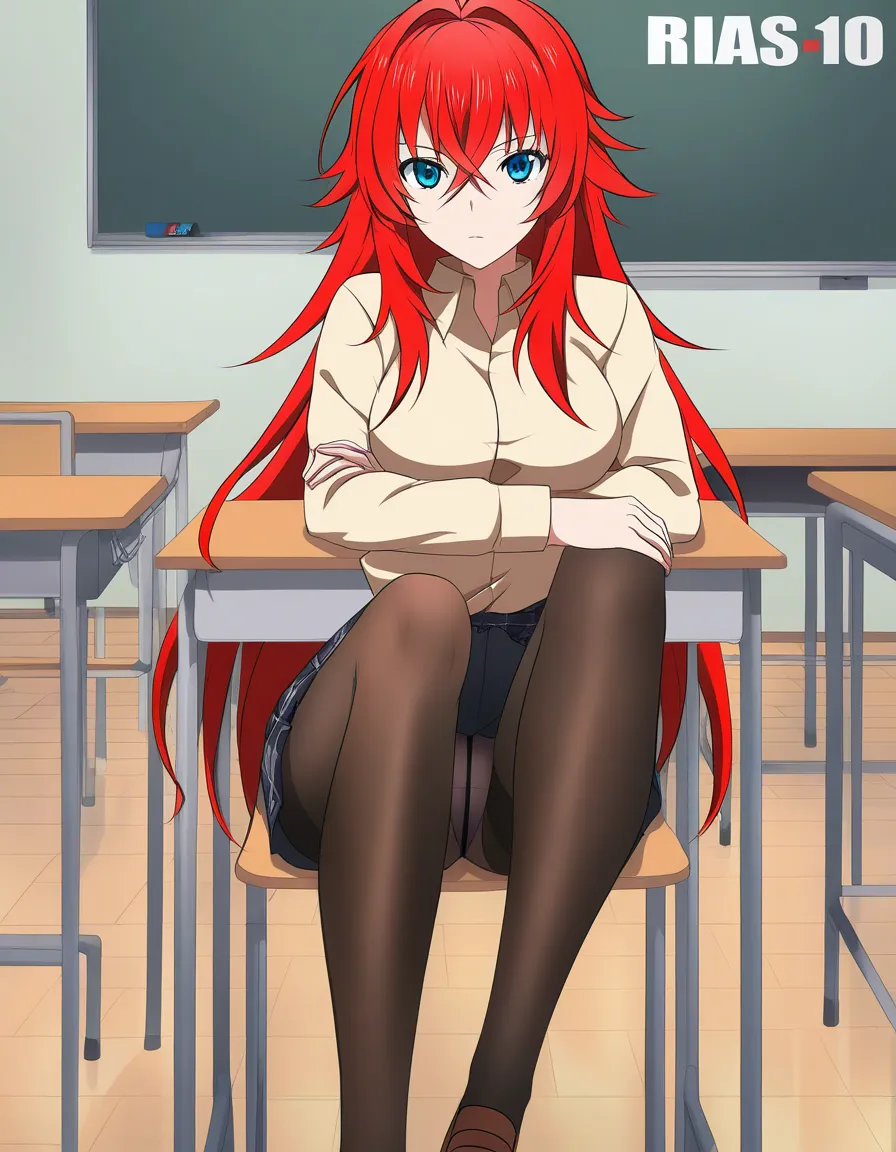 Short skirt school_desk pantyshot @rias_gremory expressionless, hentai_studio_quality