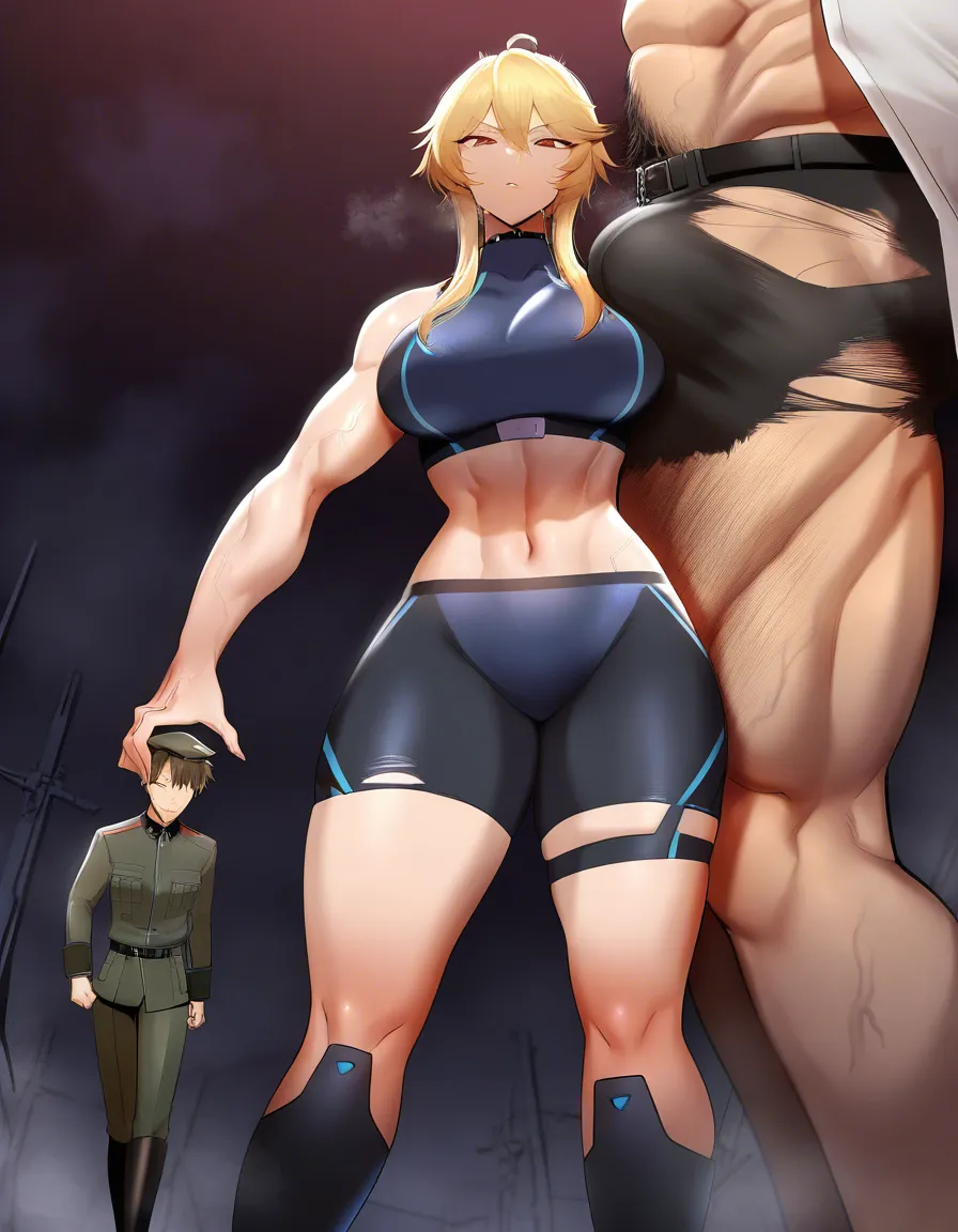 Giant muscular_female, petite mature_male , extreme size_difference, huge height_difference, physical domination, female torn_clothes crop_top underwear, female veins, female blonde_hair short_hair_with_long_locks , thin male military_uniform , military lab , science_fiction , femdom, one_hand throat_lift, female carrying male high, aggressive female, pinned male against_wall, confident female, angry female looking_down , female talking, nervous blush male looking_up , breast_press, male black medium_hair, female abs, female big biceps, female big shoulders, female thick_thighs, female huge_ass, female wide_hips, huge_breasts, female pectoral_cleavage, male narrow_waist, male stubble, domination, eye_contact, female crushing male, destruction, aged_up, /masterpiece, hentai_studio_quality
