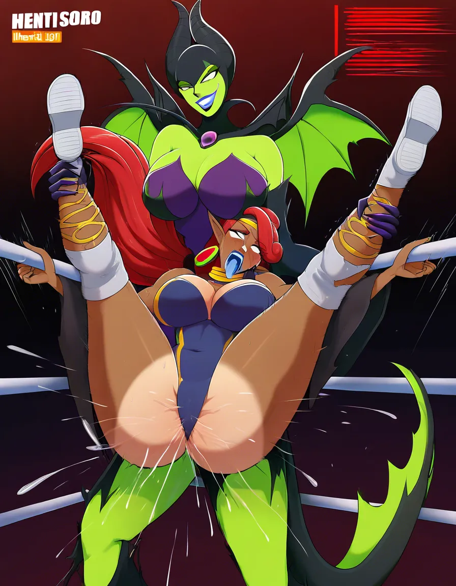 2girls_focus , maleficent evil_smile , urbosa screaming crying tan blue_lipstick , wrestling_ring , defeated, cumming , orgasm , domination, reverse_suspended_congress, ahegao , hitting_leg, hentai_studio_quality