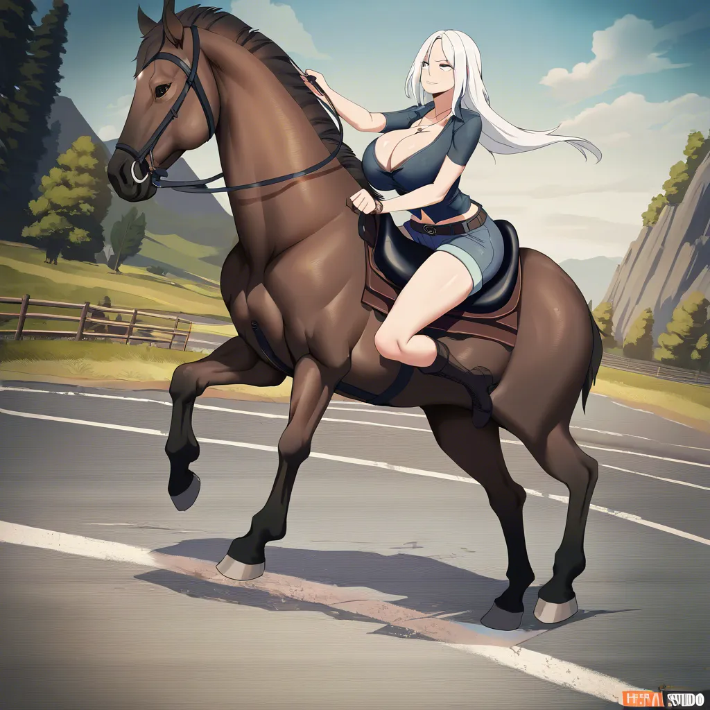 cinematic photo, 8k, milf, white hair, shorts, riding, cool tones, lifelike render breast expansion