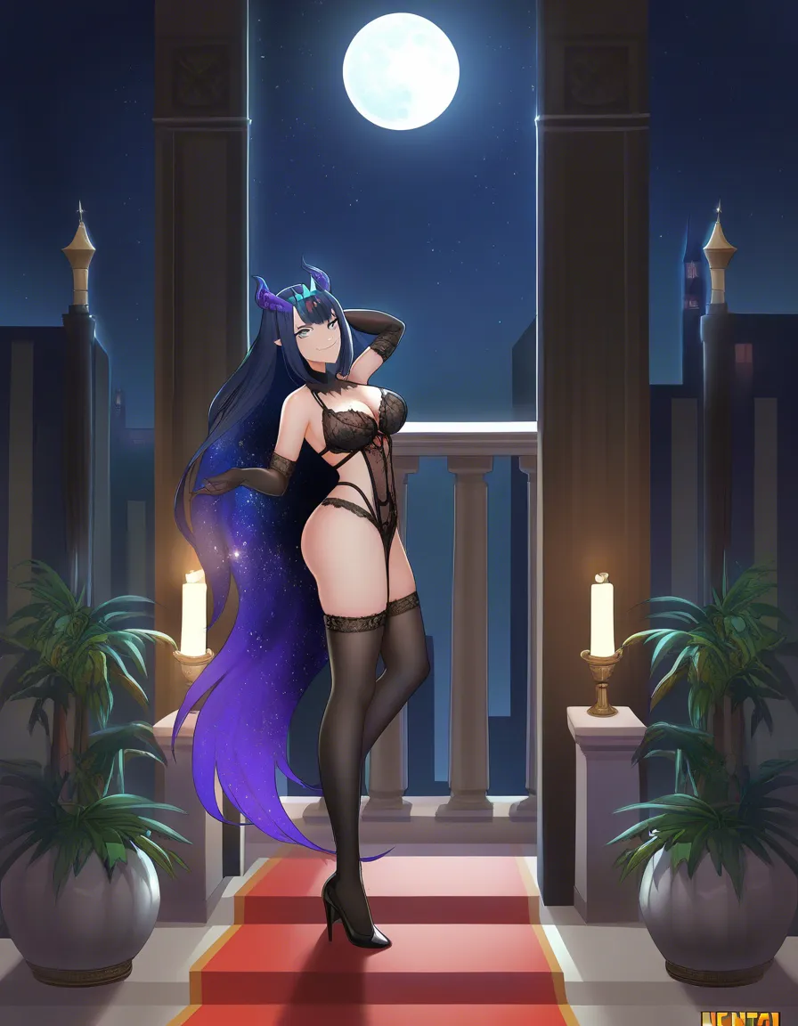 Princess of the night, Full moon, Black Lingerie, Balcony, Stars, Black starry hair, full body, smiling at viewer, hentai_studio_quality