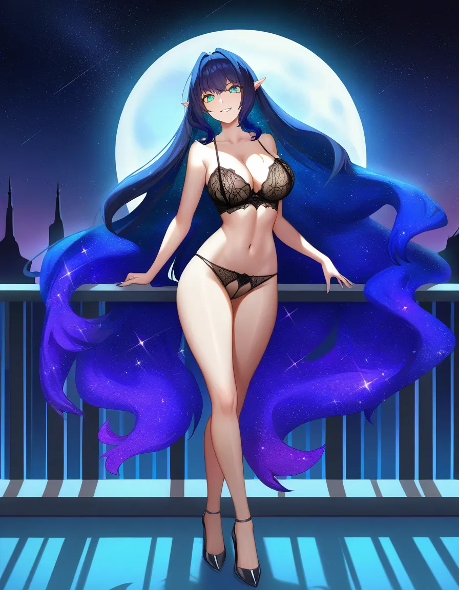 Princess of the night, Full moon, Black Lingerie, Balcony, Stars, Black starry hair, full body, smiling at viewer, no horns, hentai_studio_quality