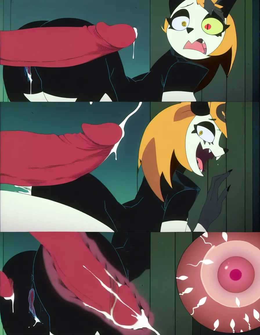 Charlie_from_hazbinhotel, x-ray, cum_in_pussy, sex_from_behind, on_stomach, from_side , surprised, impregnation,, (anime style:1.3), 2d, anime screencap, cel shading, flat color, @00osamio00