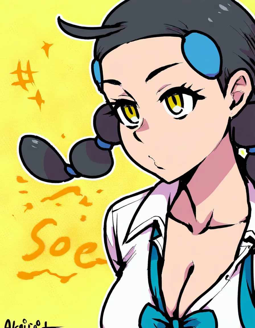 #akairiot_artstyle, @candice_(pokemon), pokemon, 1girl, black_hair, multi-tied_hair, twintails, yellow_eyes, blue_hairclip, collared_shirt, white_shirt, blue_bowtie, untied_ribbon, cleavage, partially_unbuttoned, large_breasts, full-face_blush, smile, upper_body, handjob, pov, hentai_studio_quality