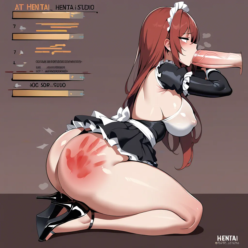 Pussy juice, spank marks, fat ass, thick thighs, short skirt, thong, high heels, fellatio , big penis, big ass, side view, covered_nipples, maid outfit, kneeling