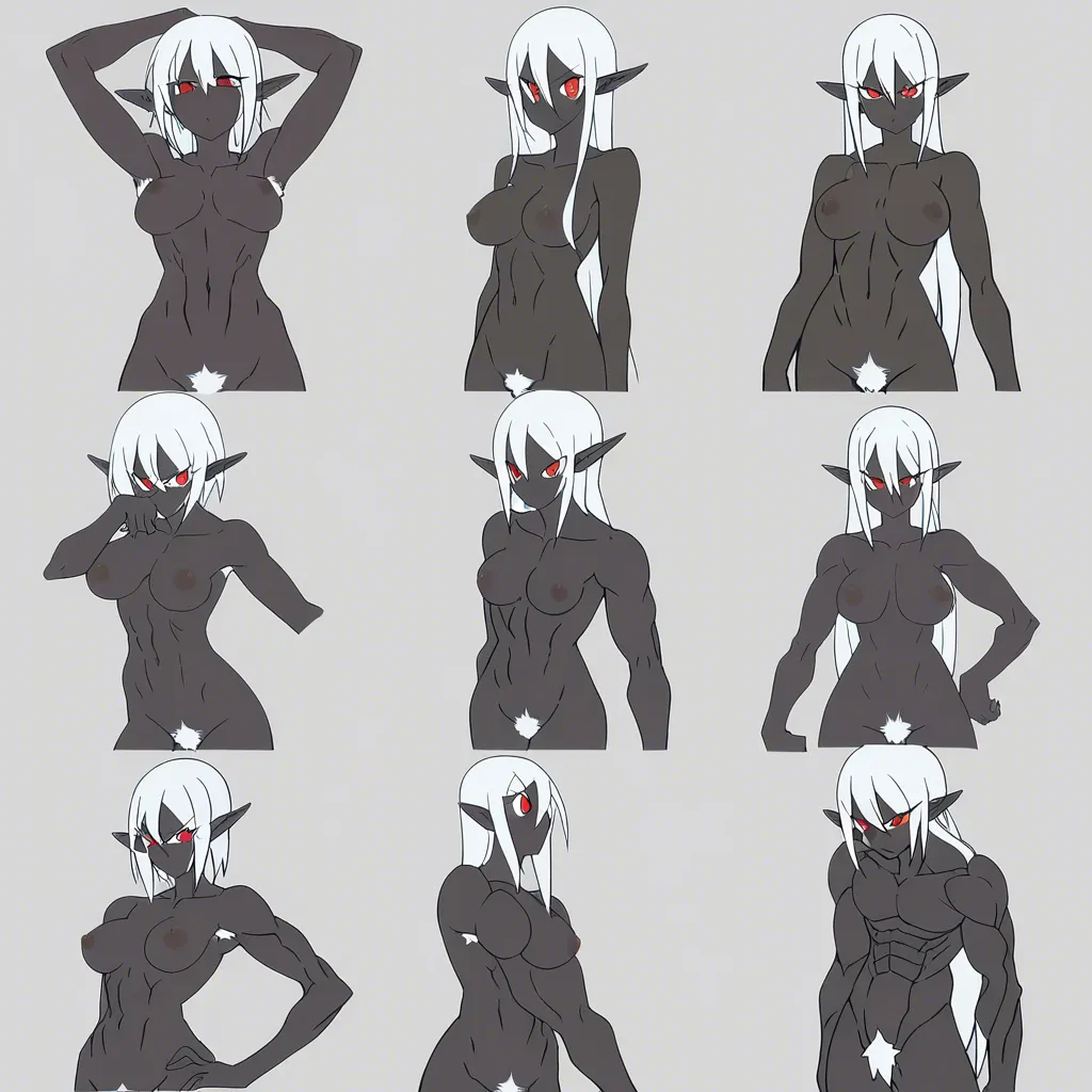 8k, sharp focus, looping gif, black grey_skin, dark elf, black skin, white pubic hair, white armpit hair, athletic, muscle tone, indulgent expression, red eyes, red glowing eyes, shining eyes, small breasts, puffy nipples, pointy tits, seductive, saggy breasts, big nipples, white hair, riding dildo, vaginal insertion, she relaxes, she lowers her hips