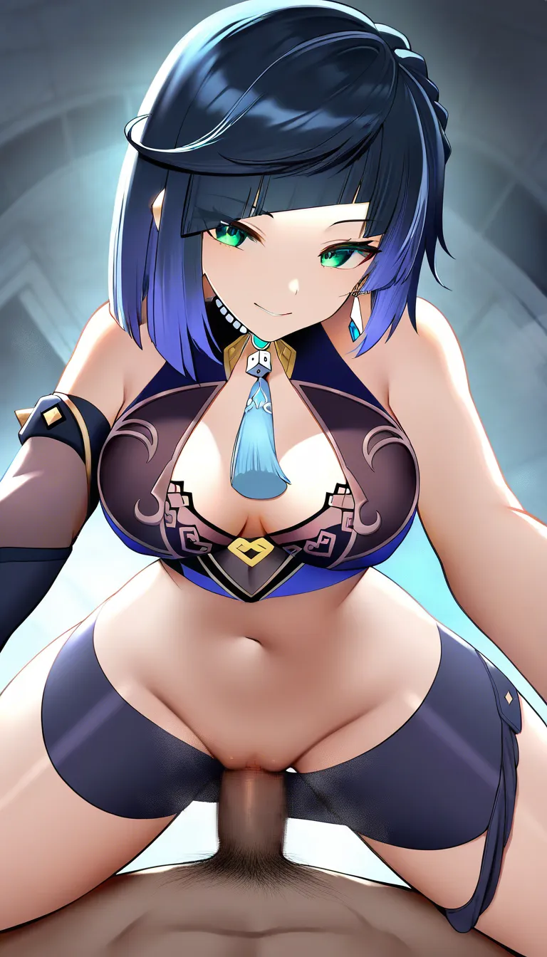 Masterpiece, Yelan Character from Genshin Impact, pussy, looking_at_viewer, Riding pov, pov vaginal sex, pov light no hair cock,   outfit, Natural perfect Not hanging medium breasts, warm smile, no pants , panties down, cold palace background, scale:0.1 for:, hentai_studio_quality, hentai_studio_quality, hentai_studio_quality, hentai_studio_quality, hentai_studio_quality, hentai_studio_quality