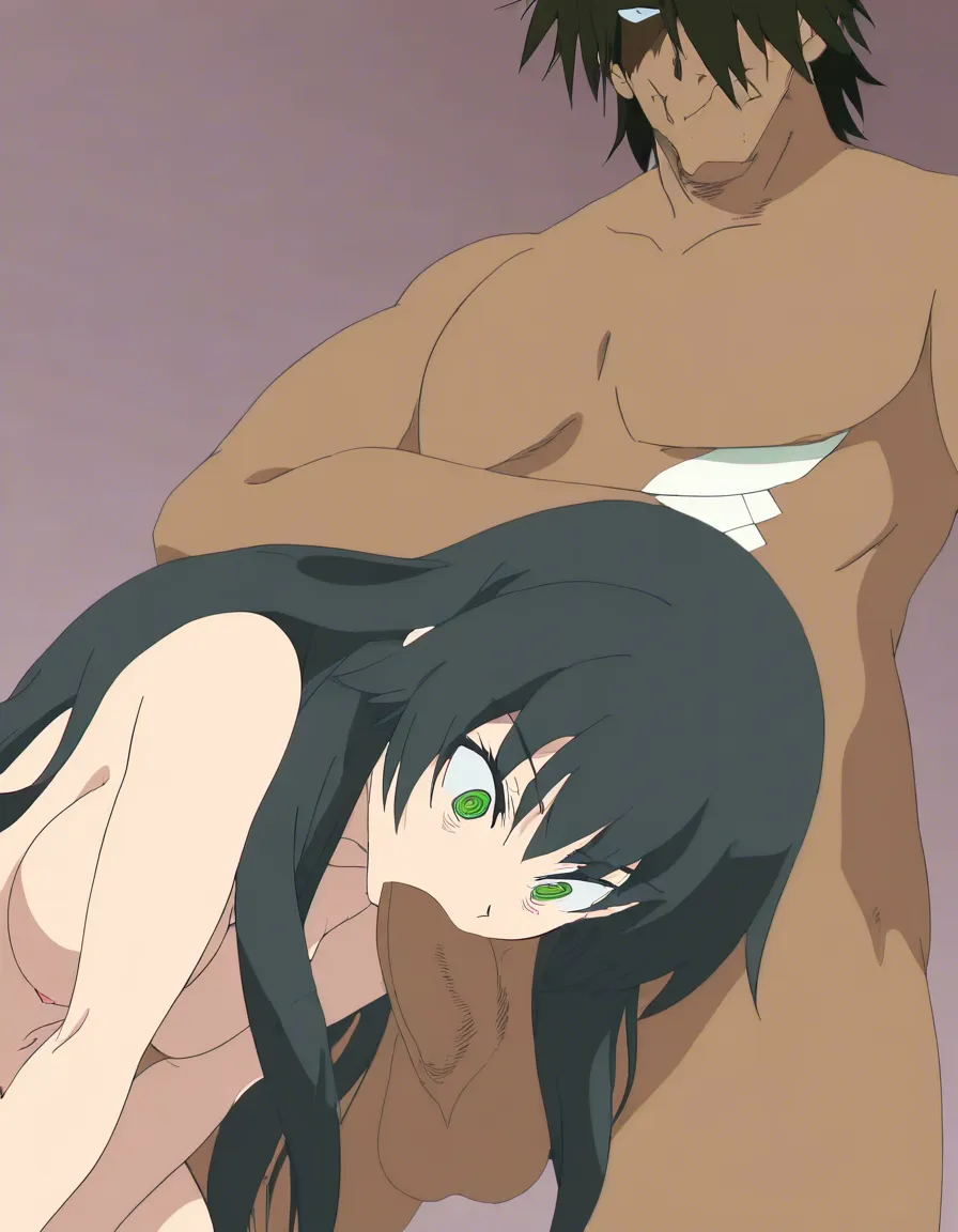 1girl, black_hair, long_hair, green_eyes, white_skin, futanari, medium_breasts, completely_nude, dark-skinned_male, fellatio, (anime style:1.3), 2d, anime screencap, cel shading, flat color, @00osamio00
