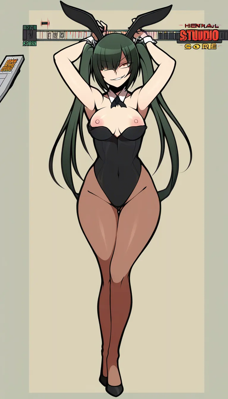 @yang_xiao_long standing in a club with a playboy_bunny outift, nipples_out , both_arms_behind_head , smirk,, hentai_studio_quality
